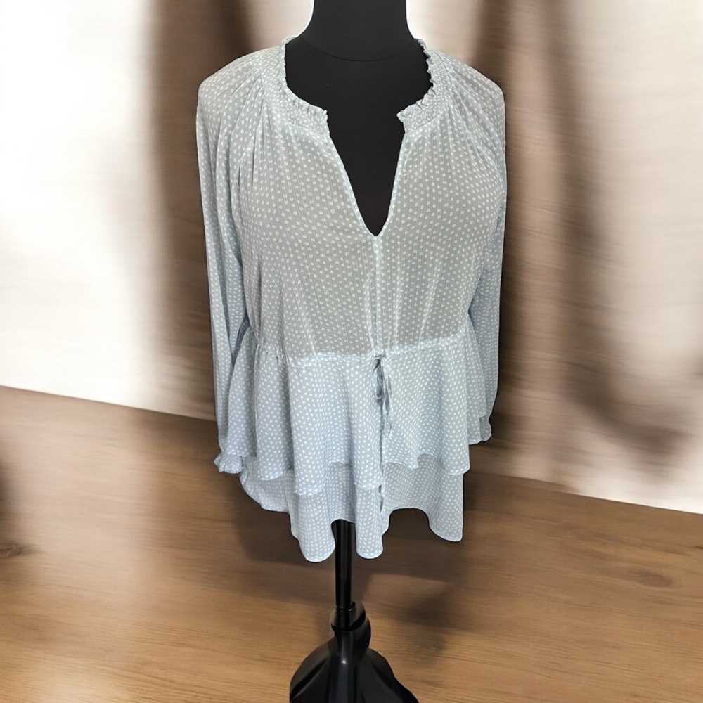 Torrid Light Blue Polka Dot Cottage core Peplum Top Chiffon Long Sleeve Plus Sz2